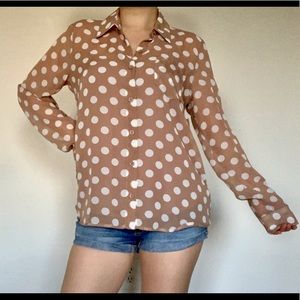 Sheer brown white polka dot blouse shirt size S